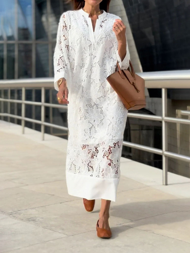 Elegantes Spitzenkleid mit 3/4-Ärmeln & Stehkragen – Luftig & Stilvoll