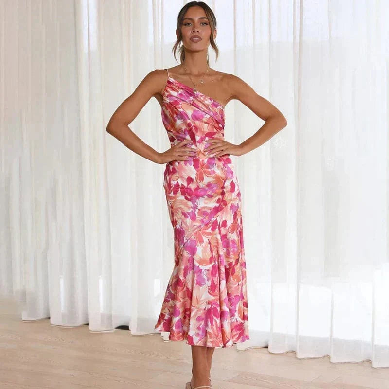 Elfriede | Elegantes One-Shoulder Blumenkleid – Femininer Chic für besondere Anlässe