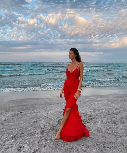 Maxikleid mit Rüschen – Figurbetontes Abendkleid mit Spaghettiträgern