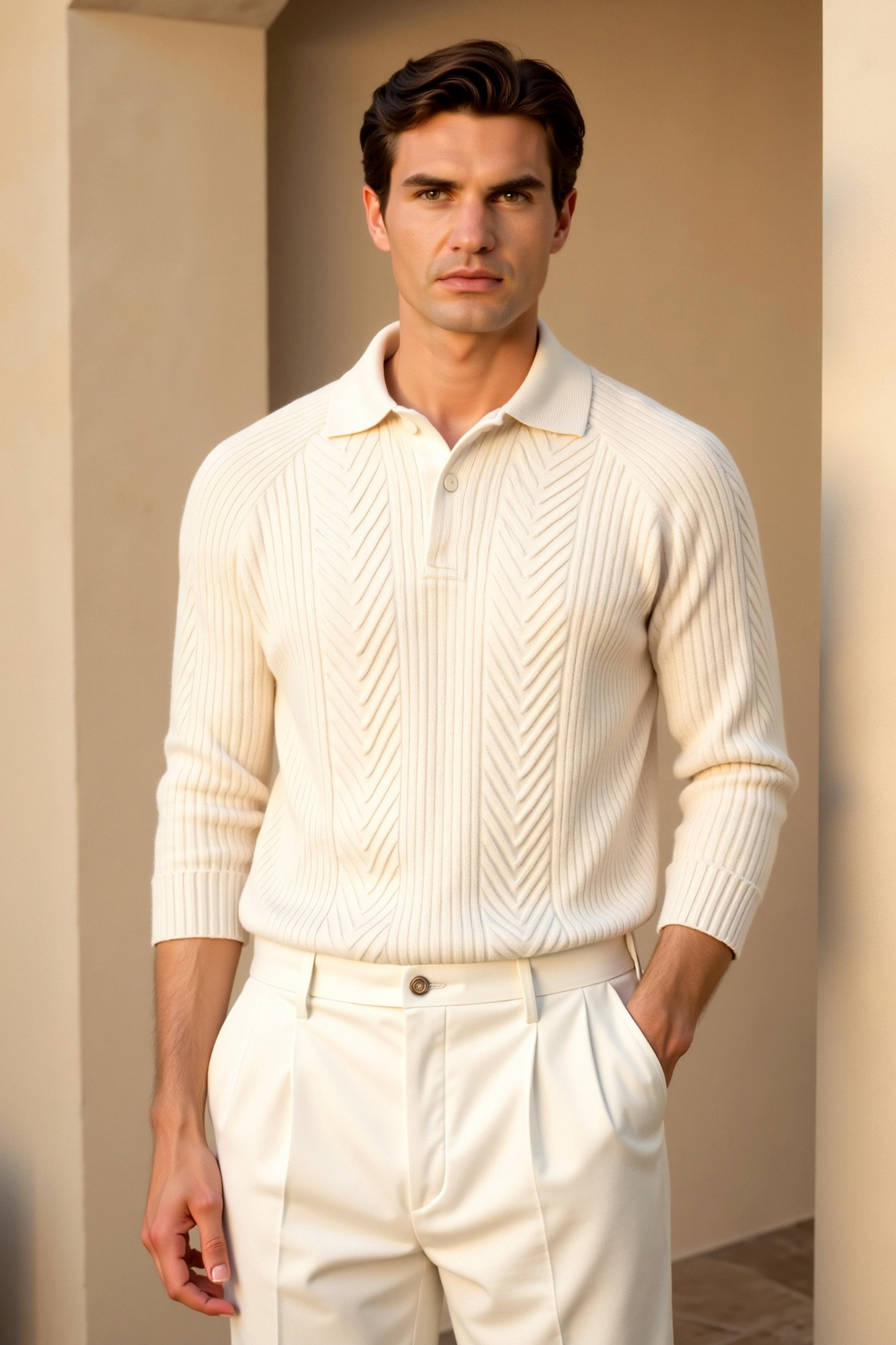 Klassischer Zopfstrickpullover mit Polokragen