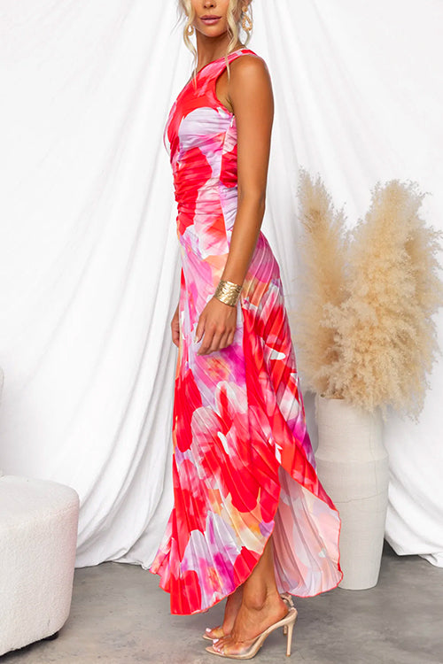 Elegantes Maxikleid mit Blumendruck – Einarmig & Plissiert, Perfekt für Sommer und besondere Anlässe