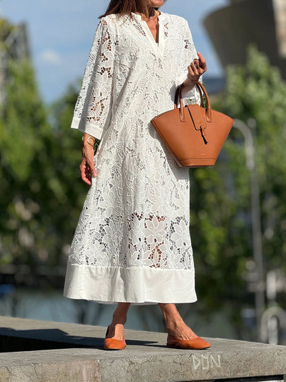 Elegantes Spitzenkleid mit 3/4-Ärmeln & Stehkragen – Luftig & Stilvoll