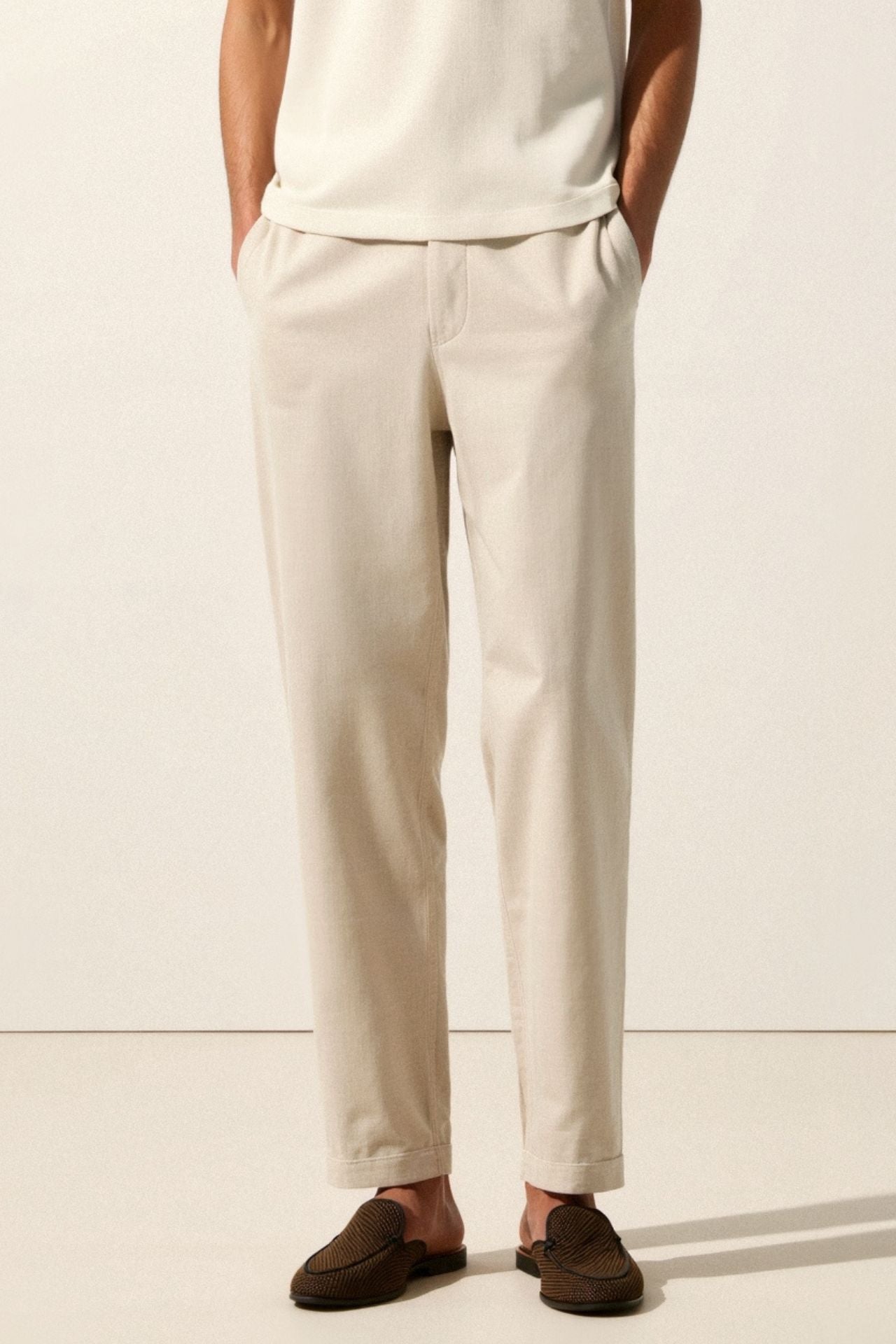 Killian | Beige Herren-Hose mit elastischem Bund und Knopfverschluss