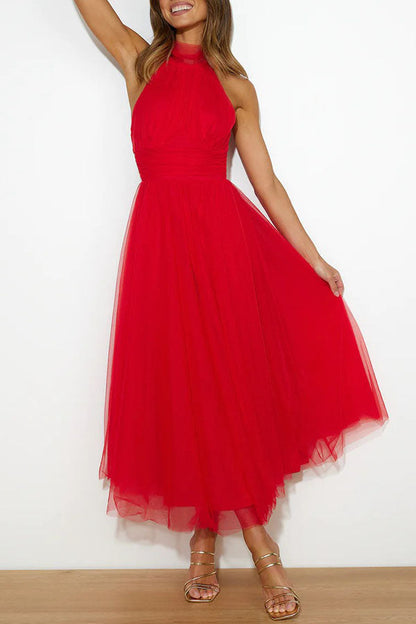 Elegantes Tüllkleid – Halterneck Midikleid mit A-Linie & Schleierkragen