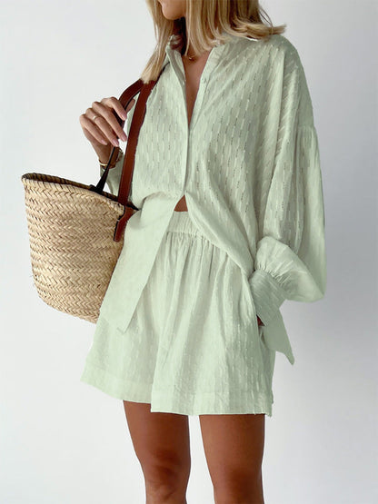 Leichter Zweiteiler aus Baumwollmix – Oversize Bluse & Shorts für Damen