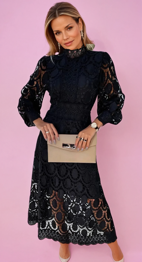 Elegantes Spitzenkleid mit Stehkragen & transparenten Details
