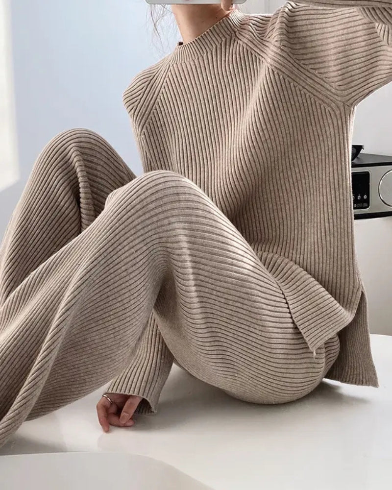 Camila | Rippenstrick Weites Bein Schlaghosen & Pullover Zweiteilig Lounge-Set