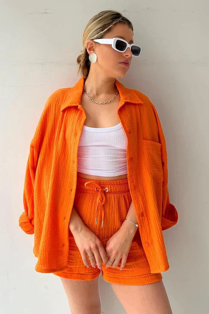 Lässiges 2-Teiler Damen Set – Oversize Hemd & Shorts aus Musselin | Zendoo.de