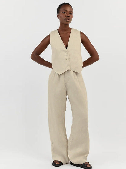 Mara | Elegantes Leinen-Set mit Weste & Weitbein-Hose