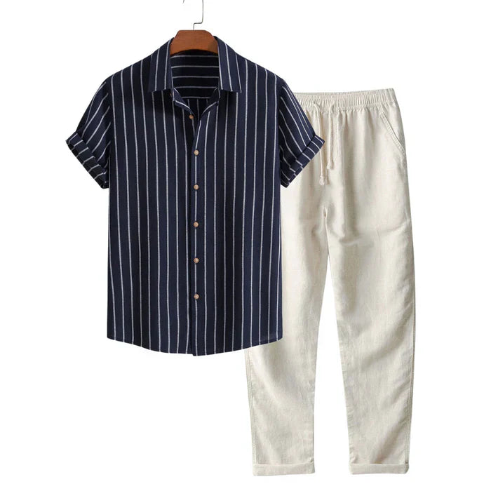 Stilvolles Herren Sommer-Set | Gestreiftes Hemd & Leinen-Mix Hose