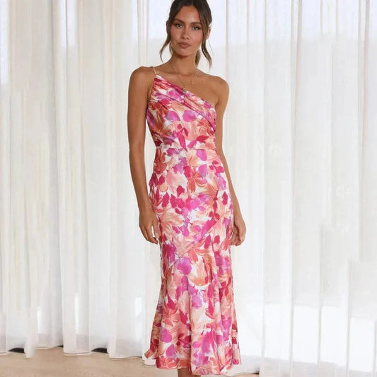 Elfriede | Elegantes One-Shoulder Blumenkleid – Femininer Chic für besondere Anlässe