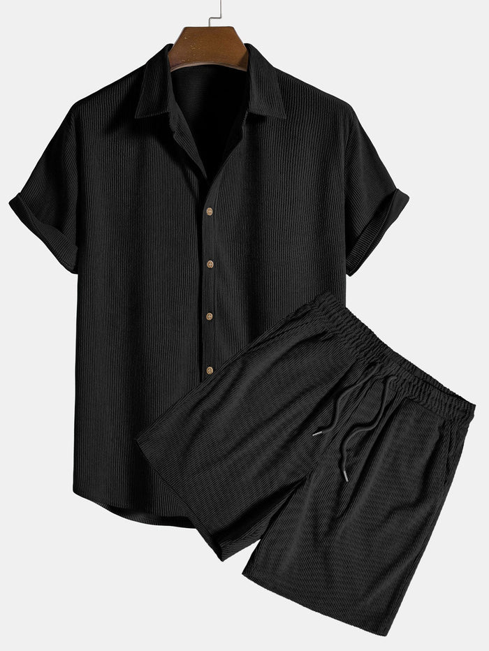 Elegantes Herren Strick-Set in Feinripp-Optik | Hemd & Shorts