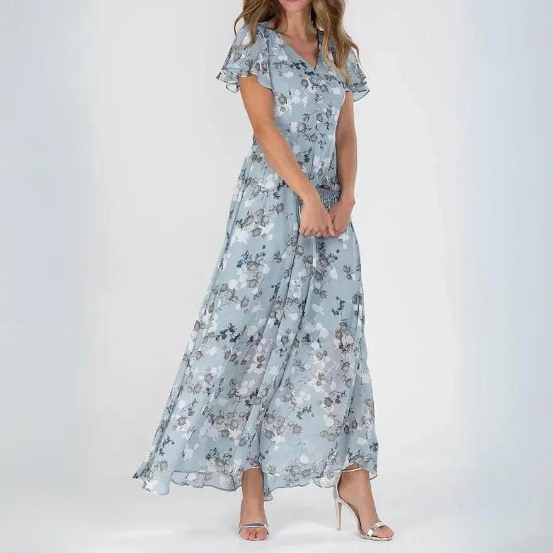 Chiffon Maxikleid mit V-Ausschnitt & floralem Muster – Elegant & Luftig