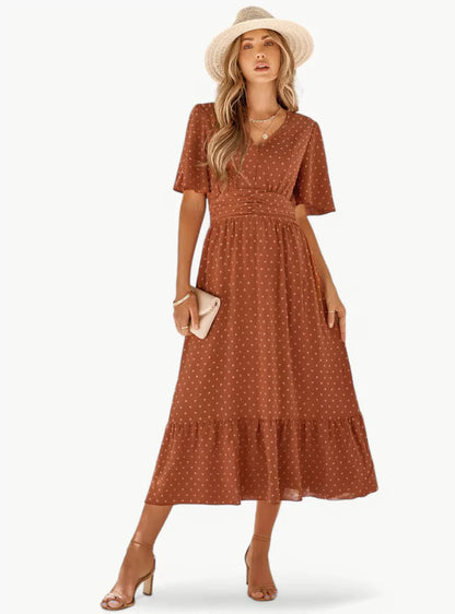 Midi-Sommerkleid mit V-Ausschnitt und Taillenbetonung – Locker & Feminin