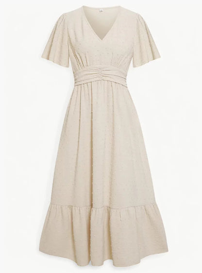 Midi-Sommerkleid mit V-Ausschnitt und Taillenbetonung – Locker & Feminin