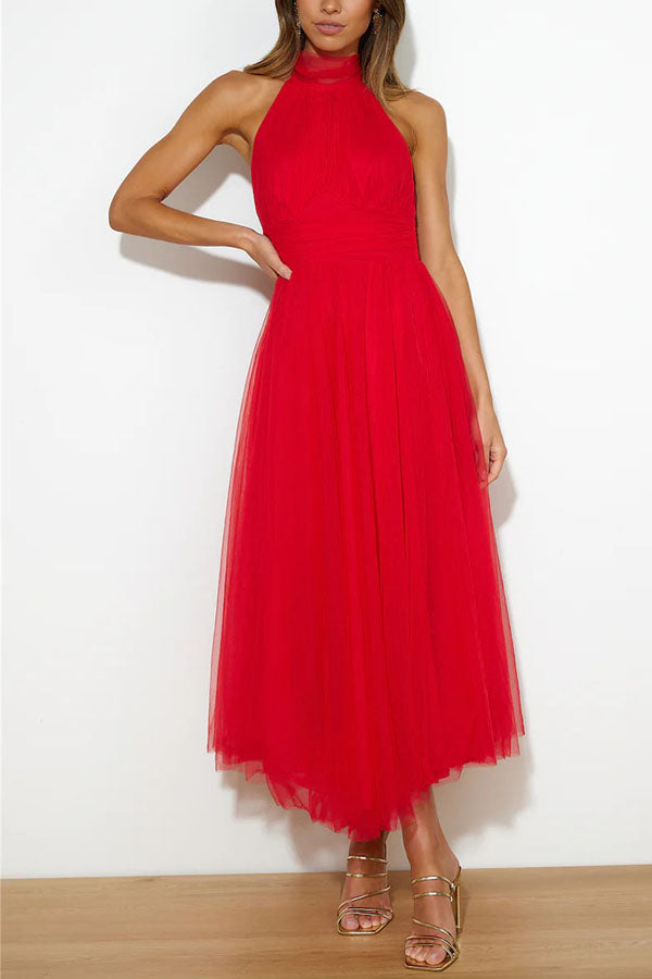 Elegantes Tüllkleid – Halterneck Midikleid mit A-Linie & Schleierkragen