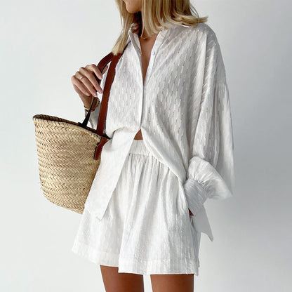 Leichter Zweiteiler aus Baumwollmix – Oversize Bluse & Shorts für Damen