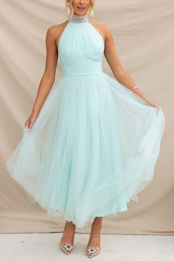 Elegantes Tüllkleid – Halterneck Midikleid mit A-Linie & Schleierkragen