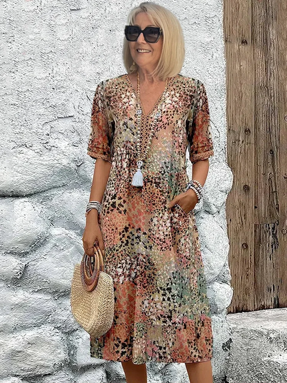 Sommerkleid mit V-Ausschnitt & Allover-Muster – Knielang & bequem