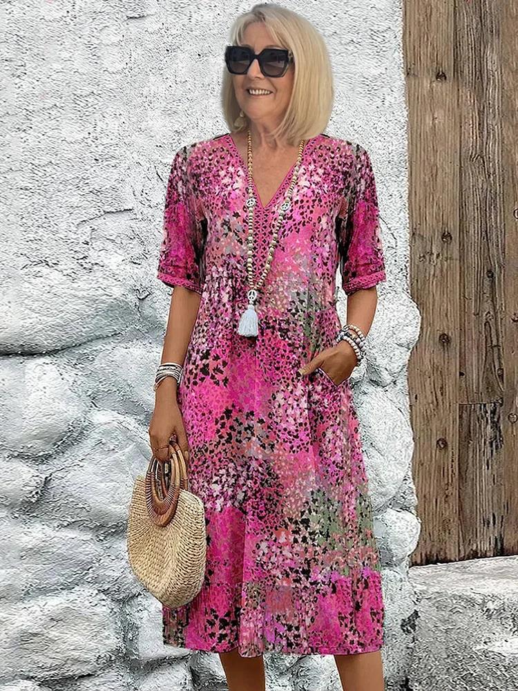 Sommerkleid mit V-Ausschnitt & Allover-Muster – Knielang & bequem