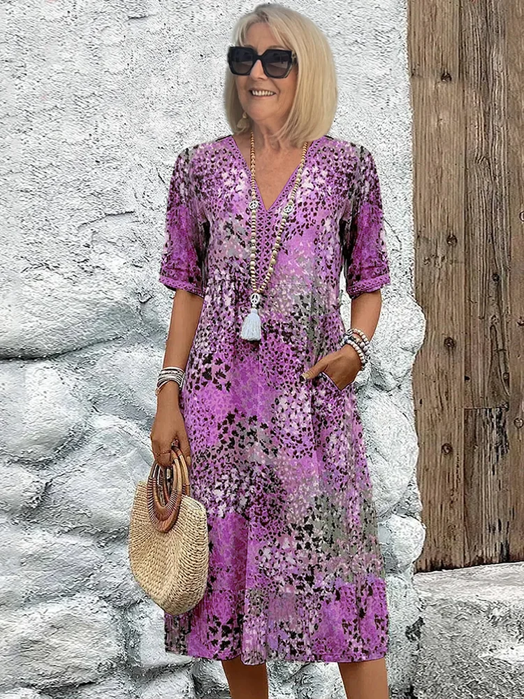 Sommerkleid mit V-Ausschnitt & Allover-Muster – Knielang & bequem