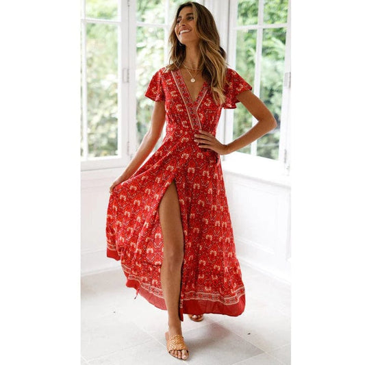 Boho Maxikleid mit Wickeloptik & Schlitz – Sommerlich & Feminin
