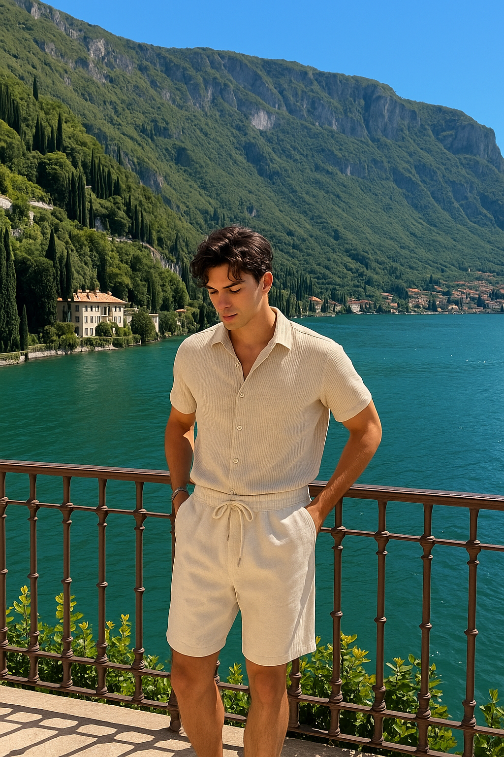 Ein Mann in einem beigefarbenen, gerippten Strick-Set aus Kurzarmhemd und Shorts mit Kordelzug, steht auf einem Balkon mit Blick auf einen malerischen See und grüne Berge.